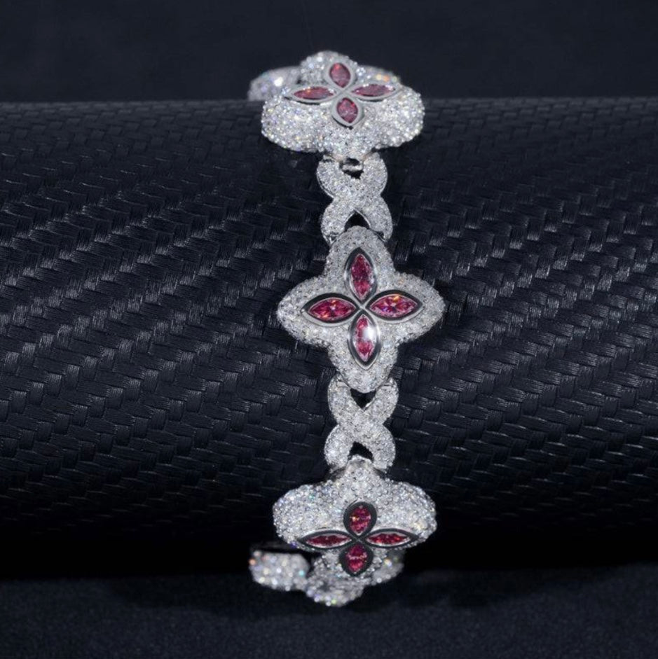 Custom Pink and White Moissanite Clover Bracelet - 18K White Gold Over 925 Silver