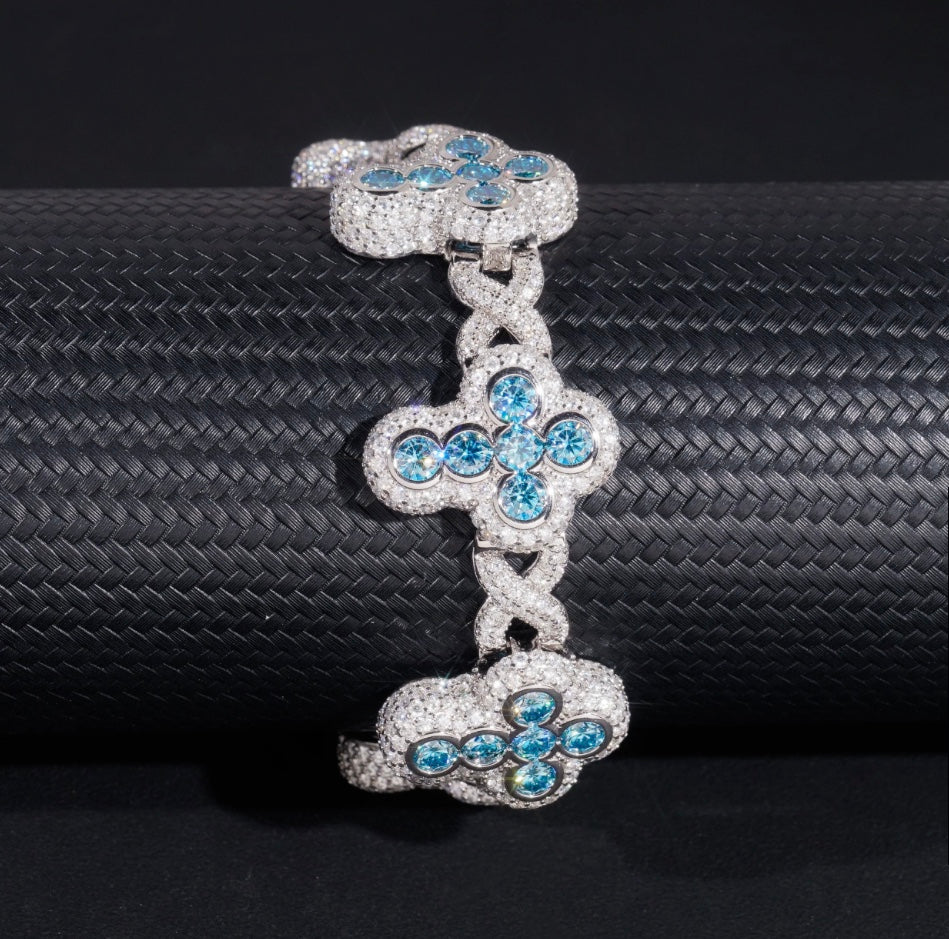 Custom Aqua Blue Moissanite Cross Bracelet