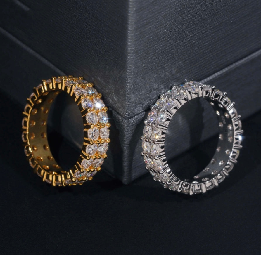 Custom 2 Row Eternity Wedding Band Moissanite Ring - White or Yellow Gold Over 925 Silver