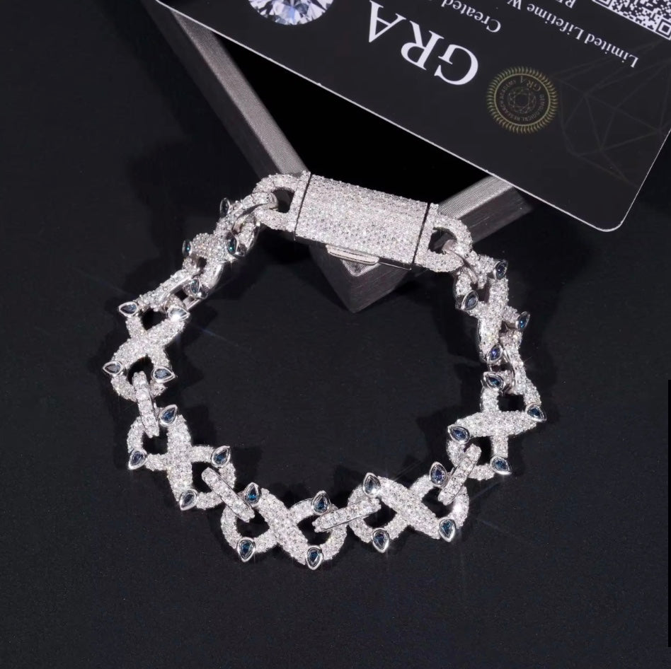 Custom Blue Stone Infinity Link Moissanite Bracelet - 18K White Gold over 925 Silver