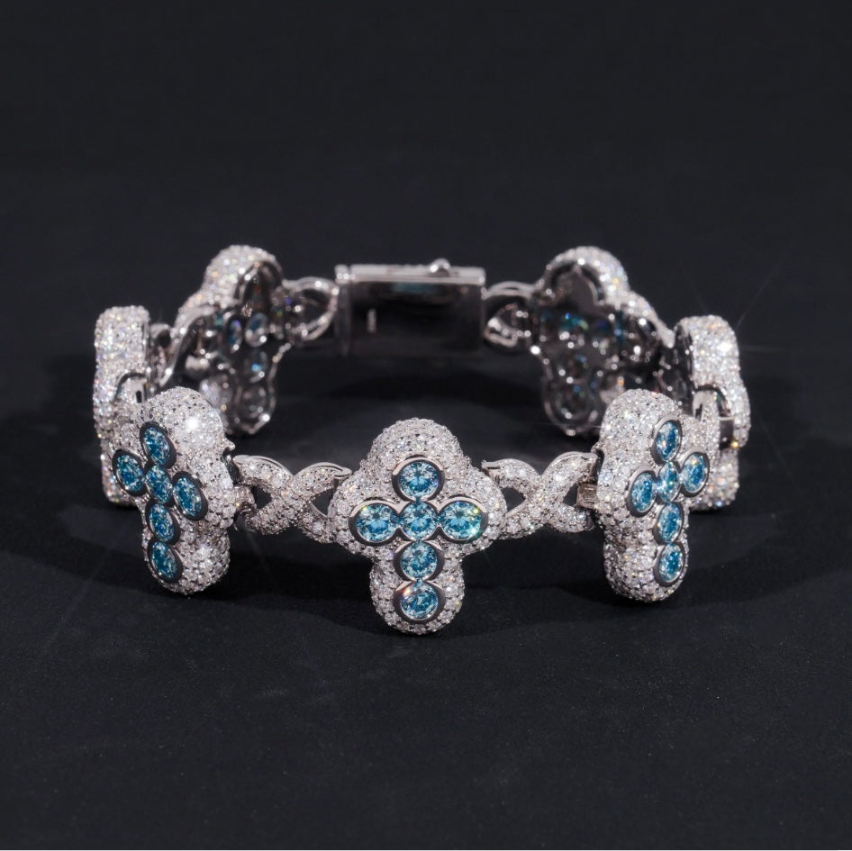 Custom Aqua Blue Moissanite Cross Bracelet