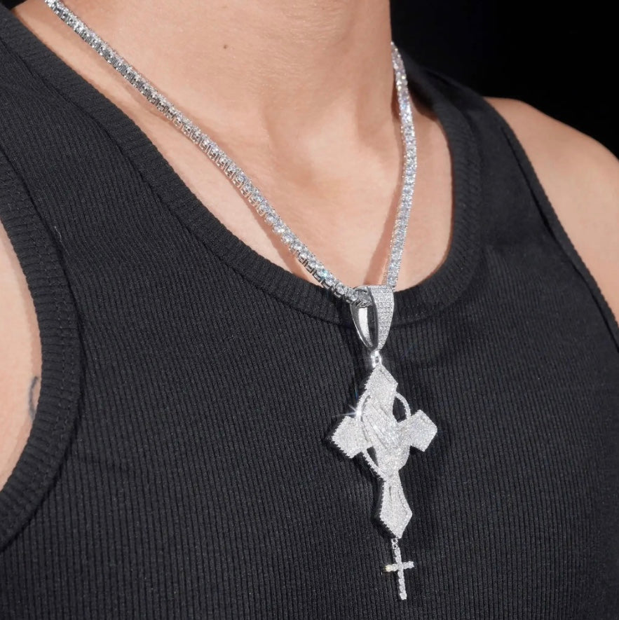 Custom Moissanite Cross with Hand Pendant 18K White Gold Over 925 Silver