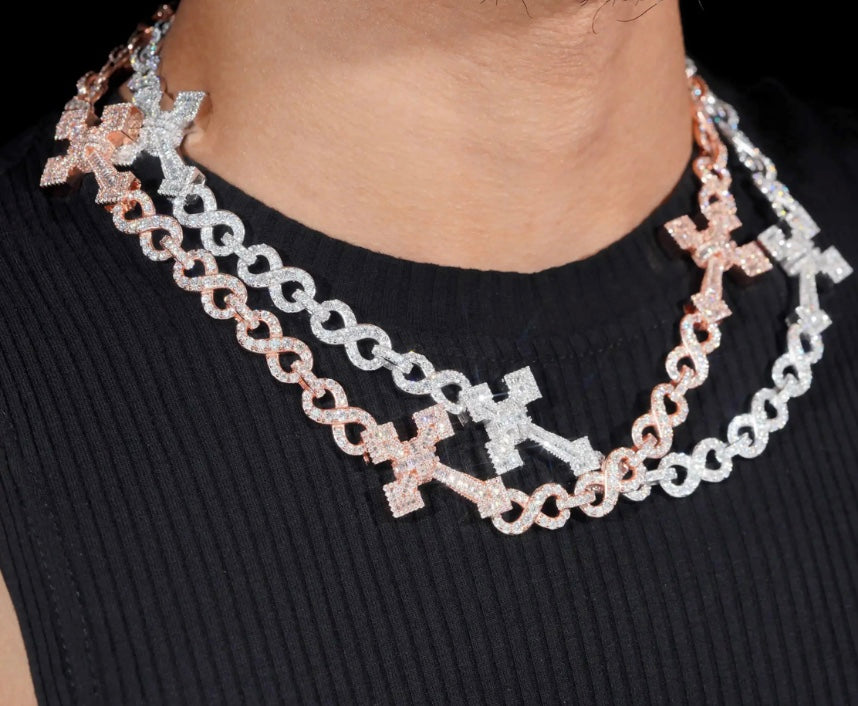 Custom Cross Infinity Link Chain - Rose Gold 925 Silver Moissanite