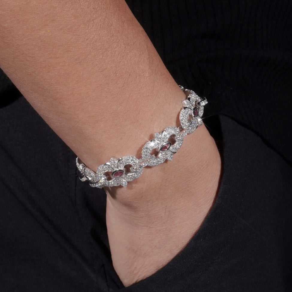 Custom Infinity Color Stone Moissanite Link Bracelet - 18K White Gold Over 925 Silver