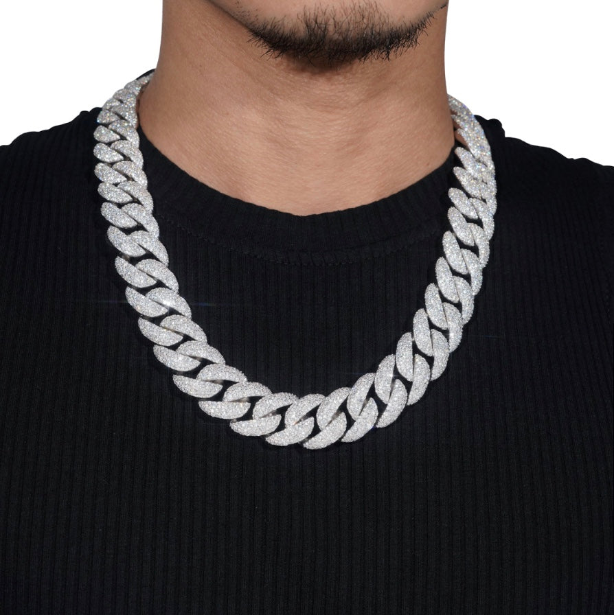 20mm Moissanite Cuban Chain with 18K White Gold Over 925 Silver