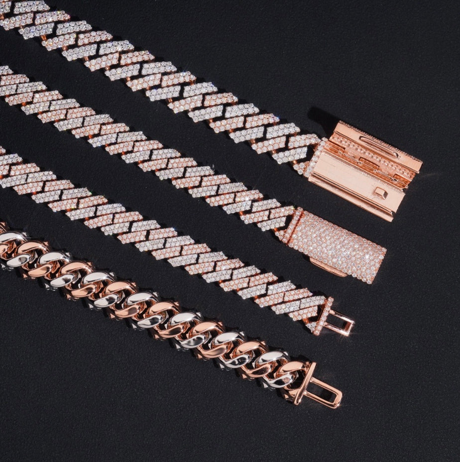 Rose Gold & White Gold 925 Silver Cuban Chain 8mm 10mm