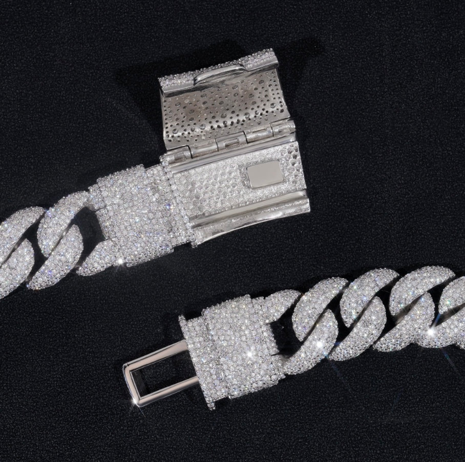 20mm Moissanite Cuban Chain with 18K White Gold Over 925 Silver