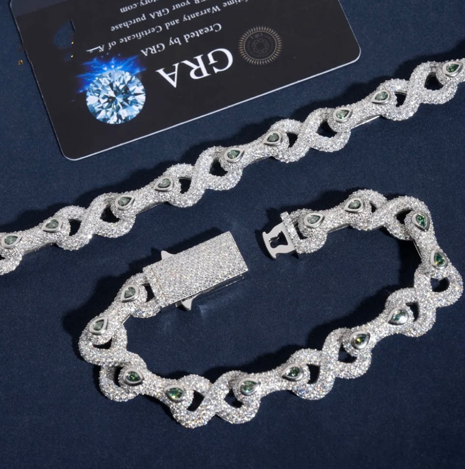 Custom Infinity Green and White Moissanite Bracelet - 18K White Gold Over 925 Silver