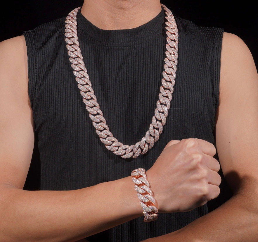 22mm Moissanite Cuban Chain with 18K Rose Gold Over 925 Silver