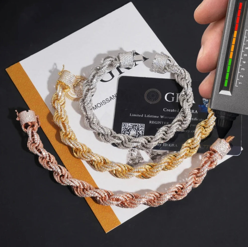 Custom Moissanite Lock Rope Bracelet - 18K White or Yellow Gold over 925 Silver