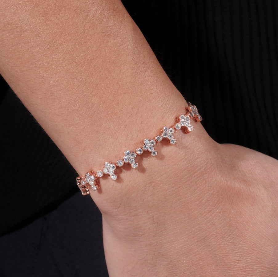 3mm Moissanite Cross Tennis Bracelet with 18K Rose Gold Over 925 Silver