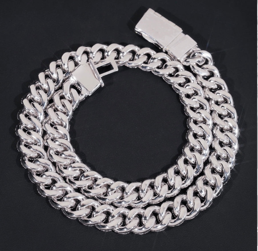 18mm Moissanite Cuban Chain with White Gold Over 925 Silver