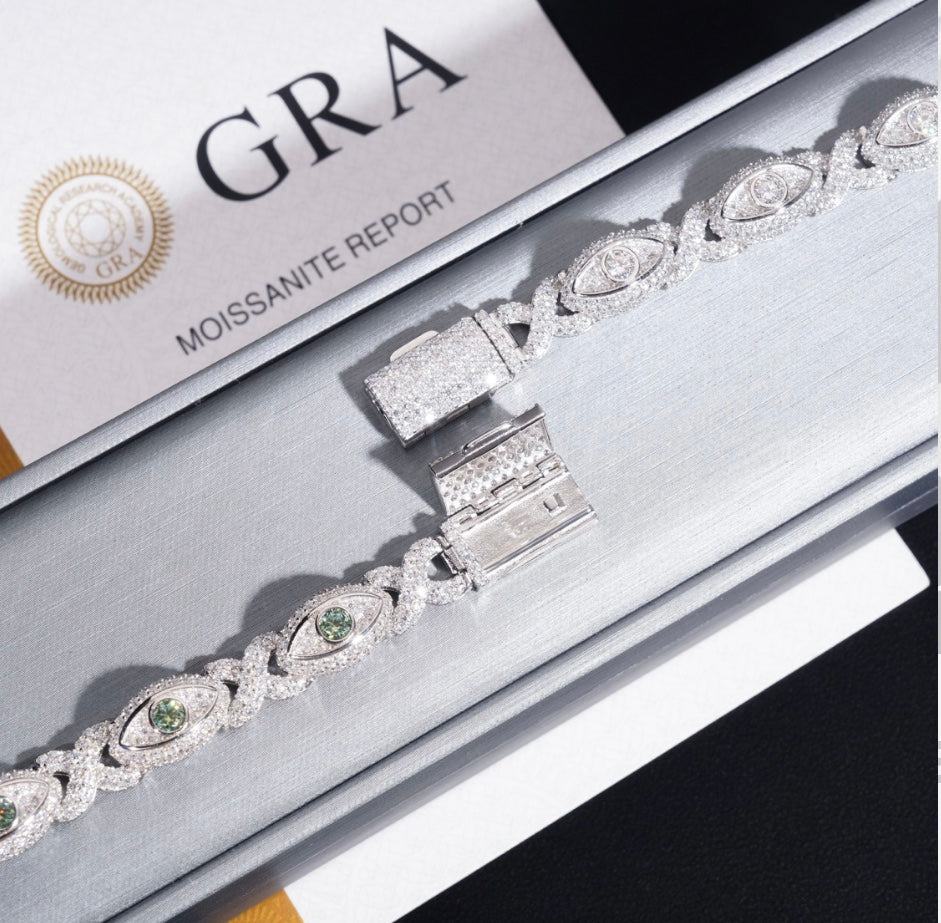 Multi-Color Blue and White Moissanite Custom Eye Bracelet - 18K Gold Over 925 Silver