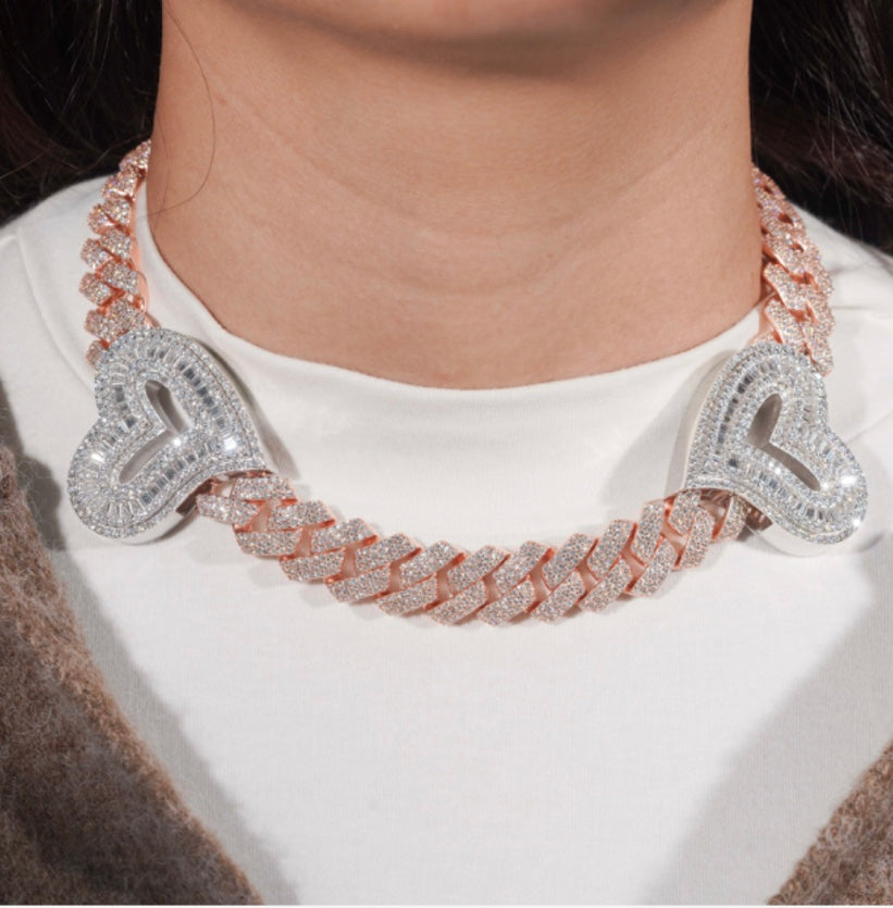 Rose Gold Heart 925 Silver Cuban Chain 15mm