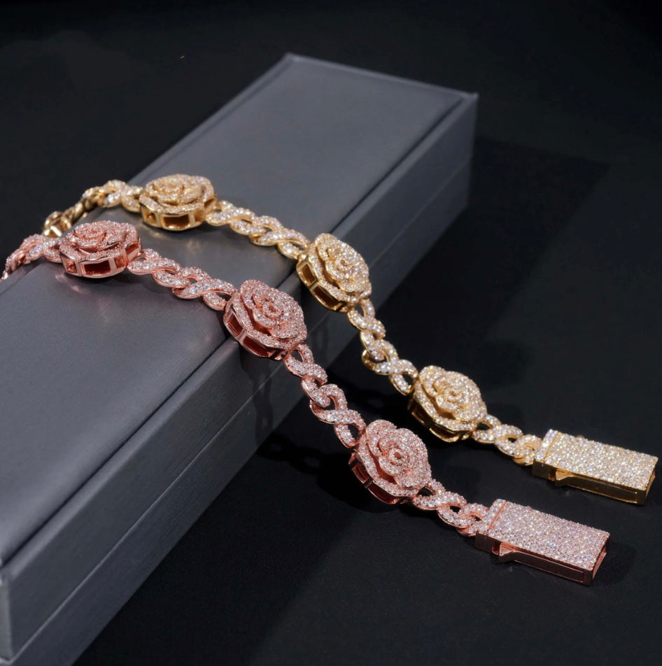 Custom Rose Infinity Link Moissanite Bracelet - Rose/Yellow Gold - 18K Over 925 Silver
