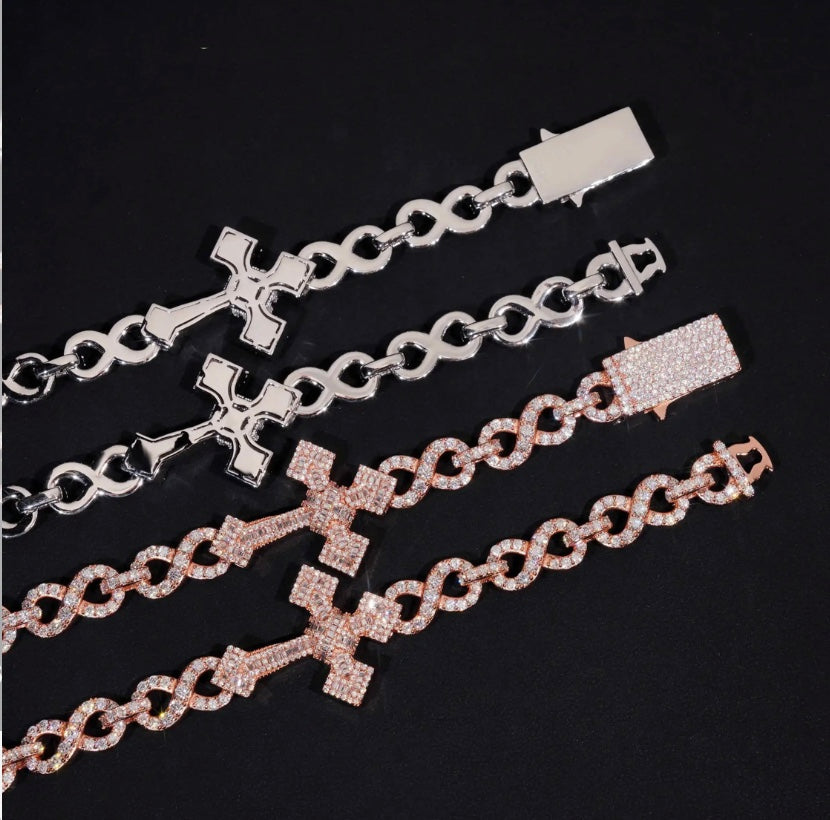 Custom Cross Infinity Link Chain - Rose Gold 925 Silver Moissanite