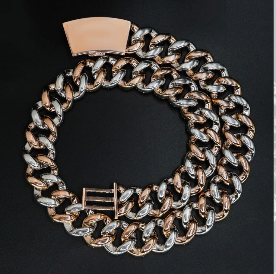 22mm Two-Tone Cuban Chain - Rose & White Gold 925 Silver Moissanite