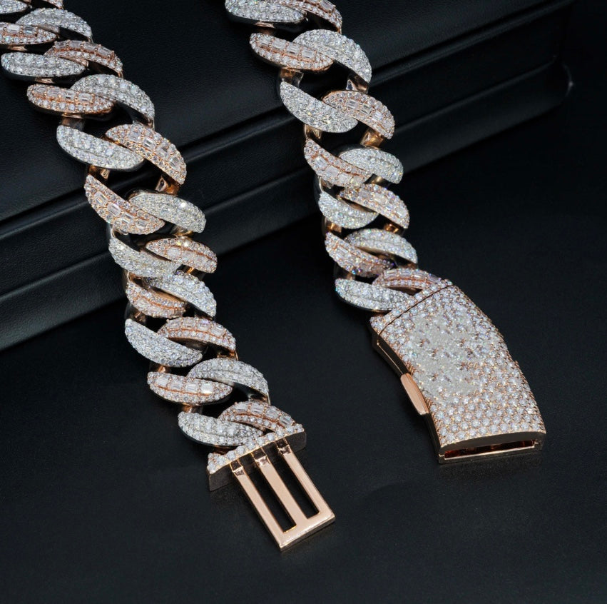 22mm Two-Tone Cuban Chain - Rose & White Gold 925 Silver Moissanite