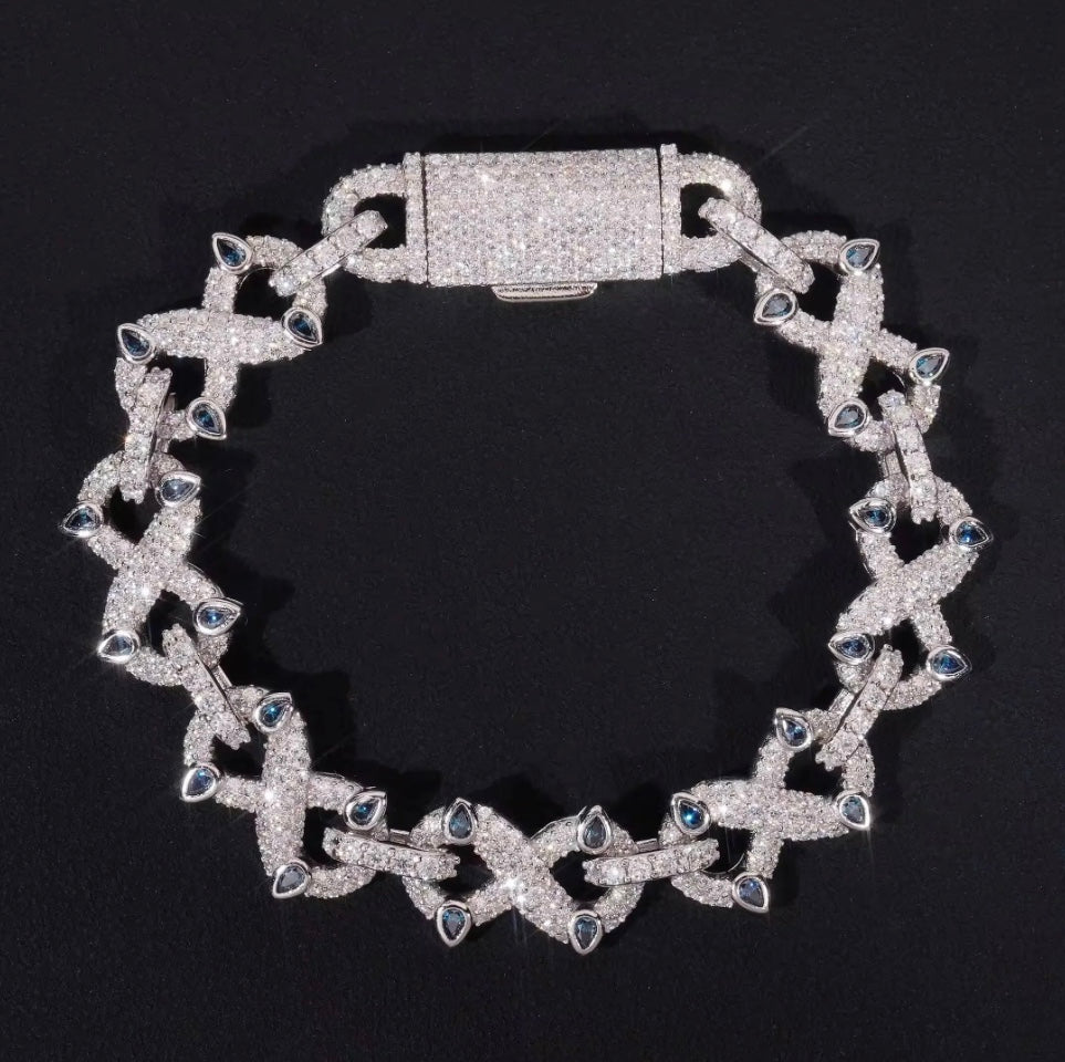 Custom Blue Stone Infinity Link Moissanite Bracelet - 18K White Gold over 925 Silver