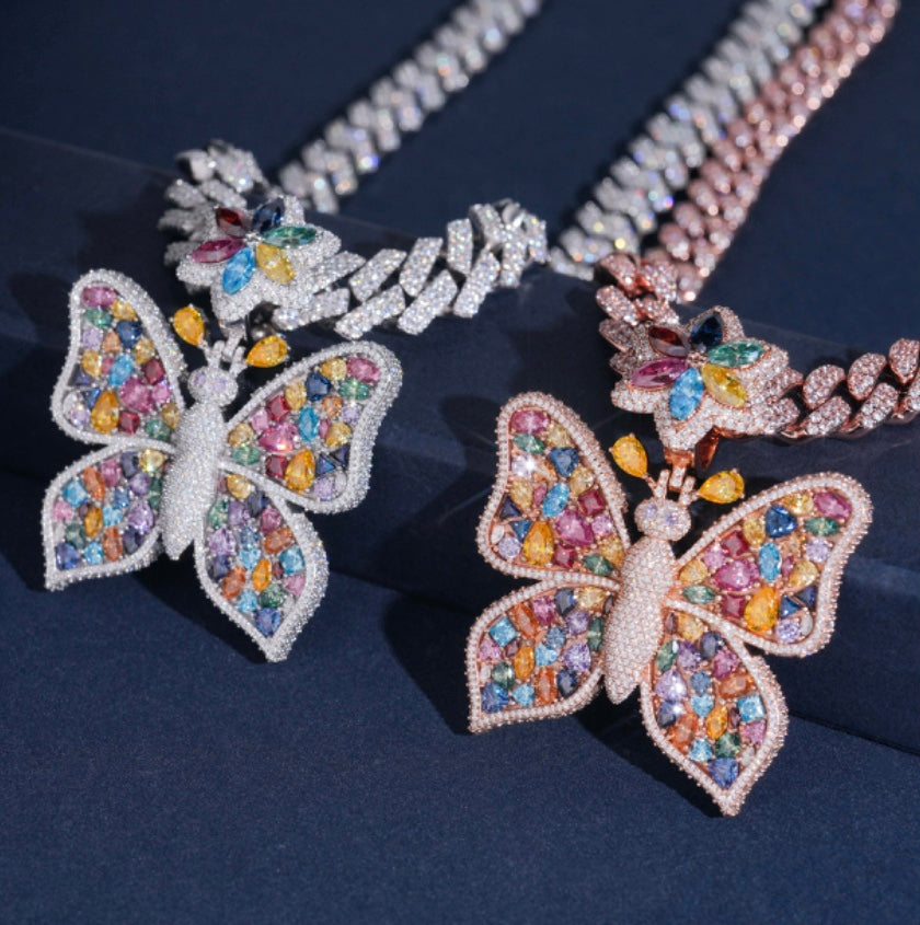 Custom Butterfly Pendant Multi Colored Moissanite 18K Rose or White Gold Over 925 Silver
