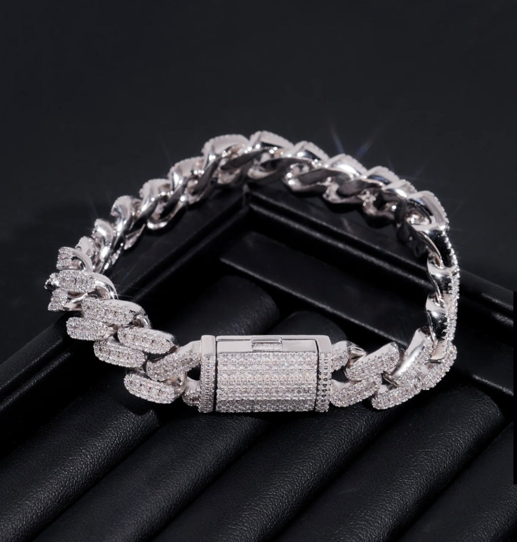 12mm Moissanite Cuban Bracelet - 18K White Gold Over 925 Silver