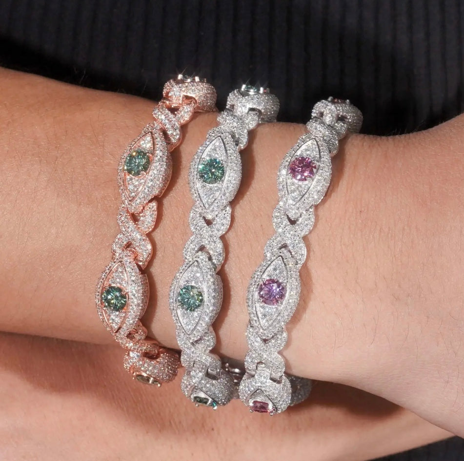 Custom 15mm Colored Moissanite Infinity Bracelet - White Gold or Rose Gold over 925 Silver