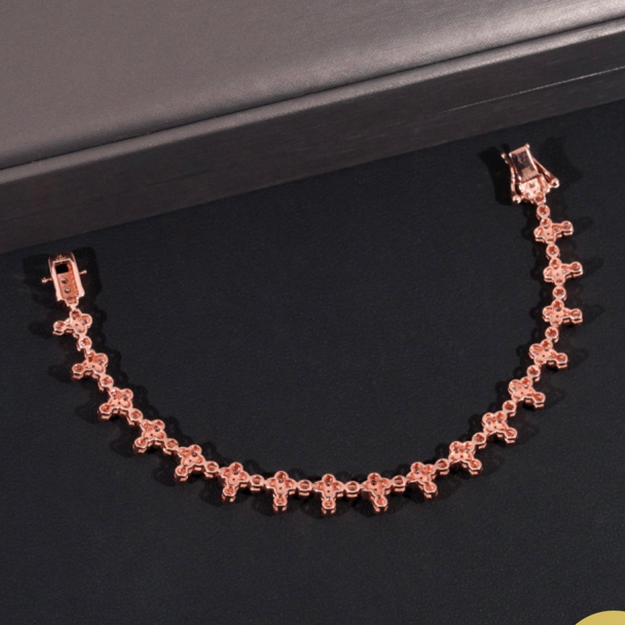 3mm Moissanite Cross Tennis Bracelet with 18K Rose Gold Over 925 Silver