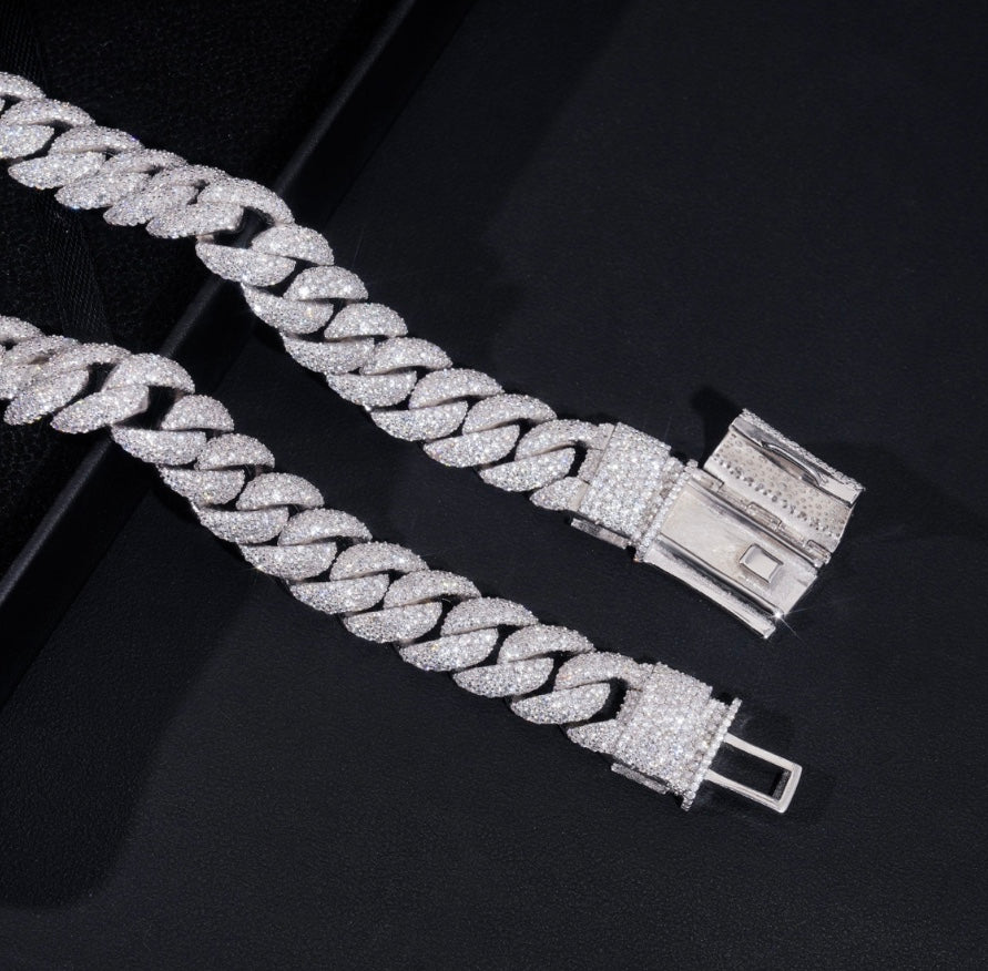 18mm Moissanite Cuban Chain with White Gold Over 925 Silver
