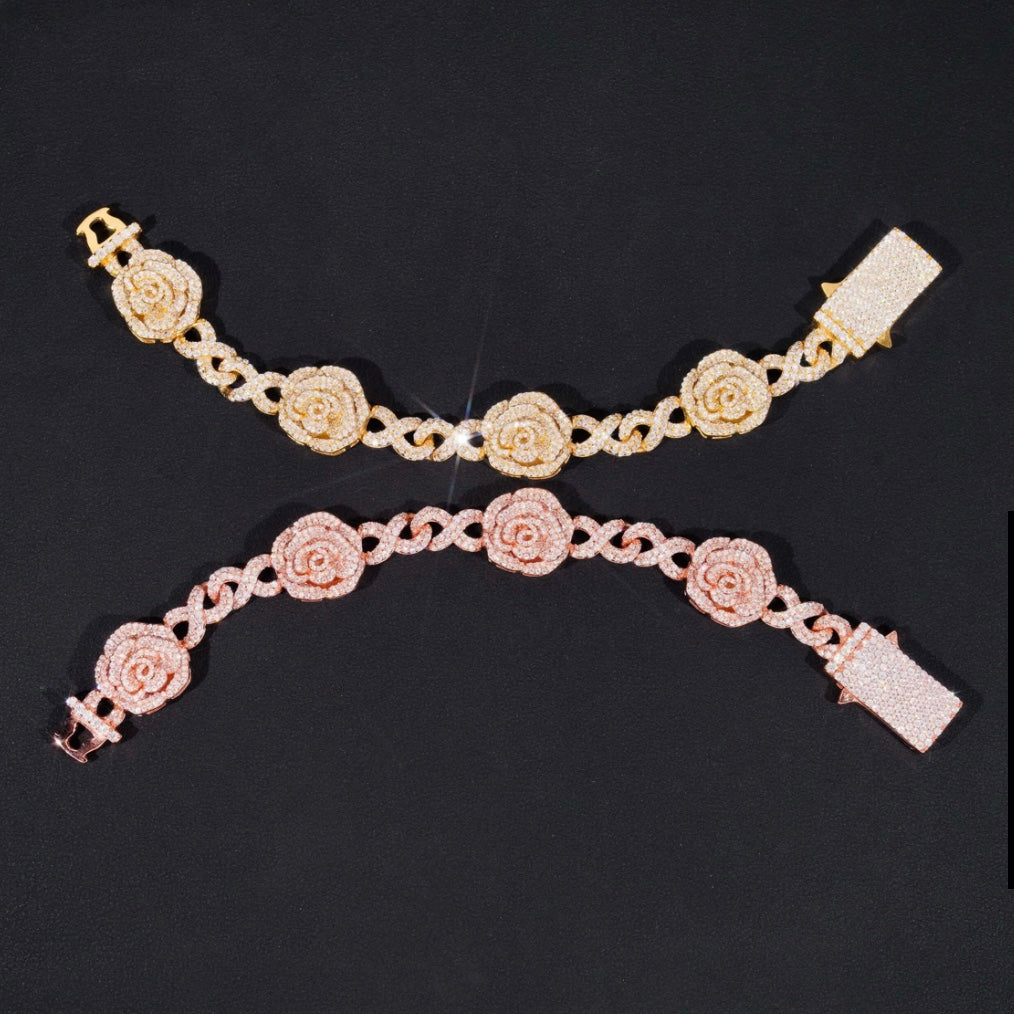 Custom Rose Infinity Link Moissanite Bracelet - Rose/Yellow Gold - 18K Over 925 Silver