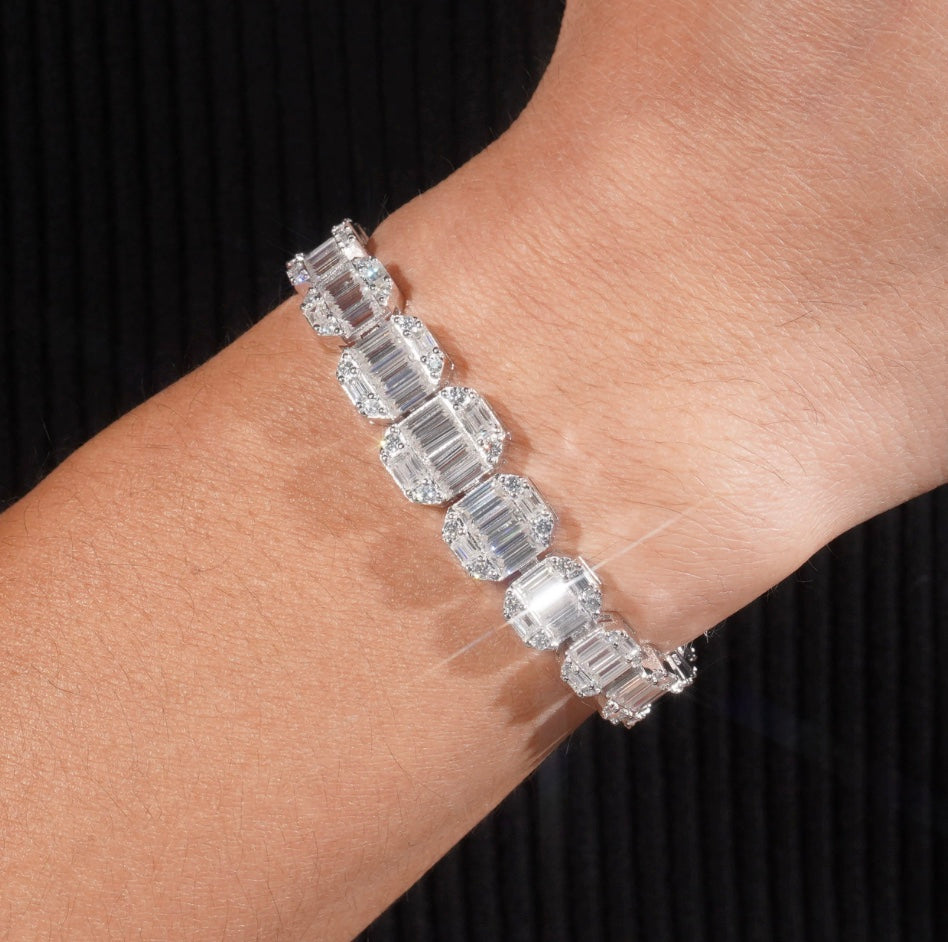 Custom 8mm Emerald Cut Moissanite Bracelet - 18K White Gold over 925 Silver