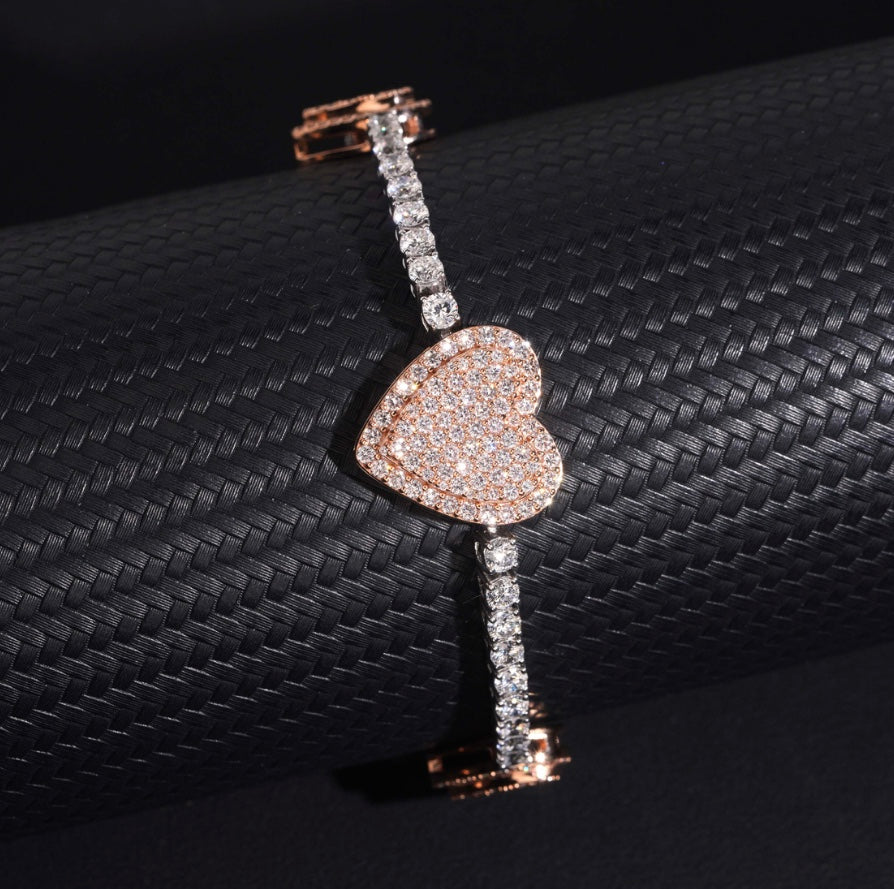 3mm Moissanite Heart Tennis Bracelet with Rose Gold Over 925 Silver