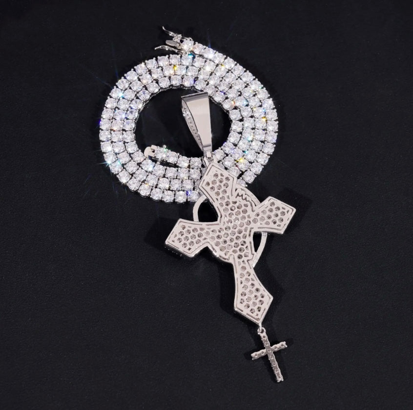 Custom Moissanite Cross with Hand Pendant 18K White Gold Over 925 Silver
