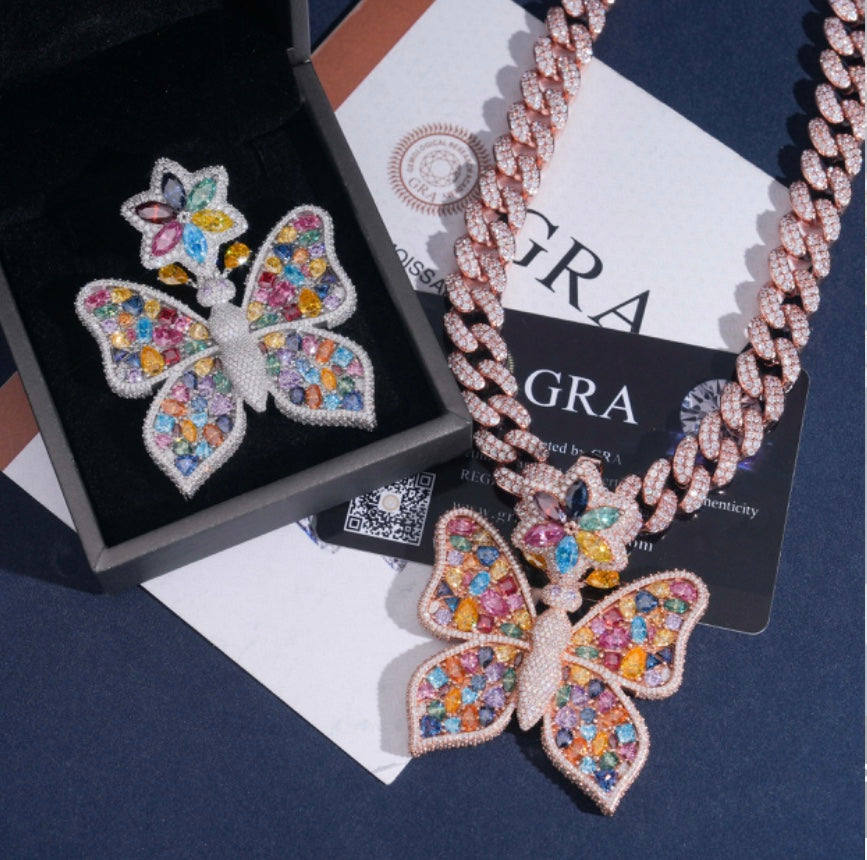 Custom Butterfly Pendant Multi Colored Moissanite 18K Rose or White Gold Over 925 Silver