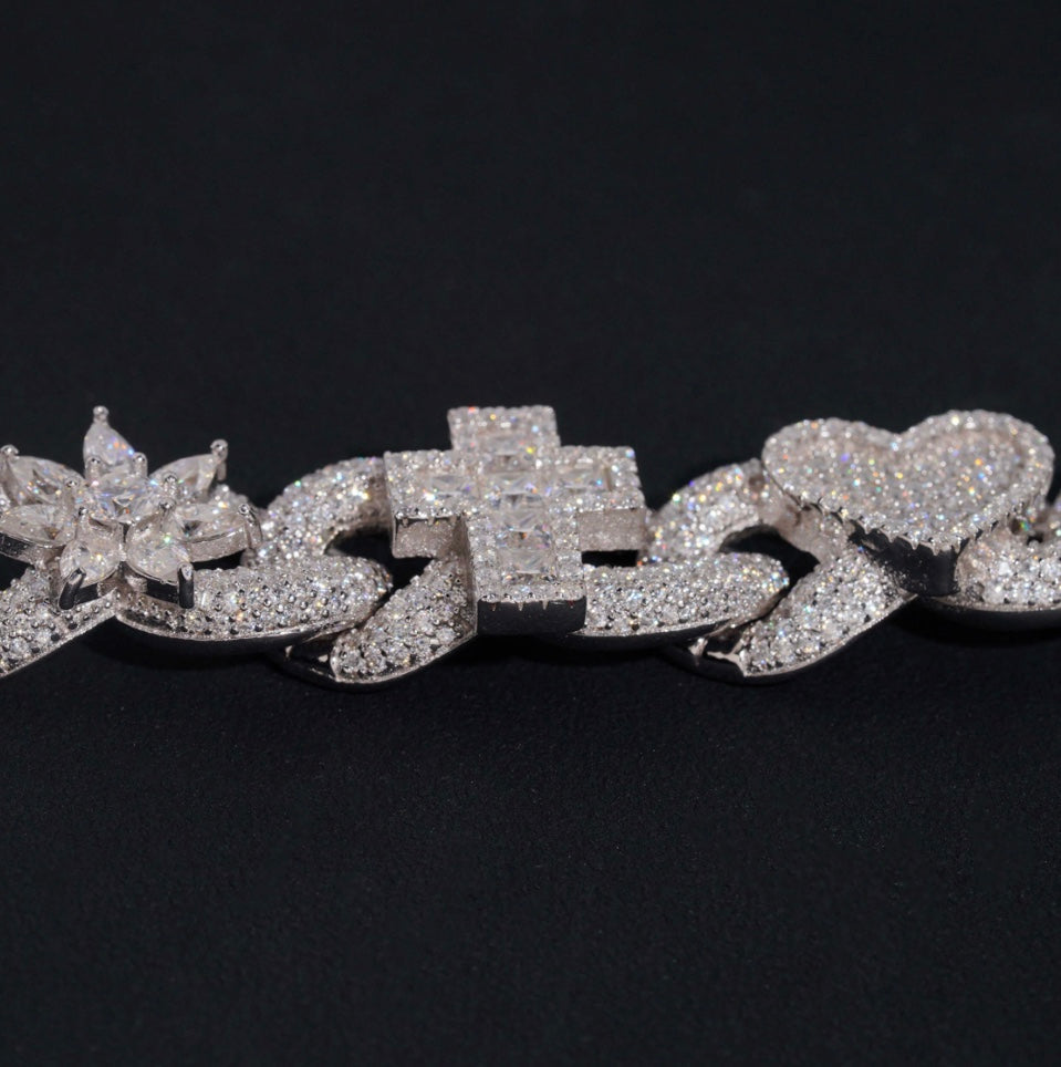 Custom 15mm Cross and Heart Moissanite Infinity Bracelet
