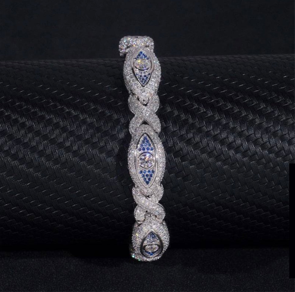 Custom Blue and White Moissanite Eye Bracelet - 18K White Gold Over 925 Silver