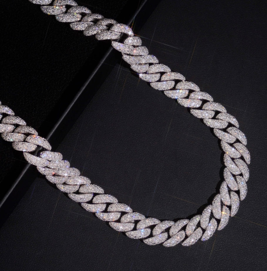 18mm Moissanite Cuban Chain with White Gold Over 925 Silver