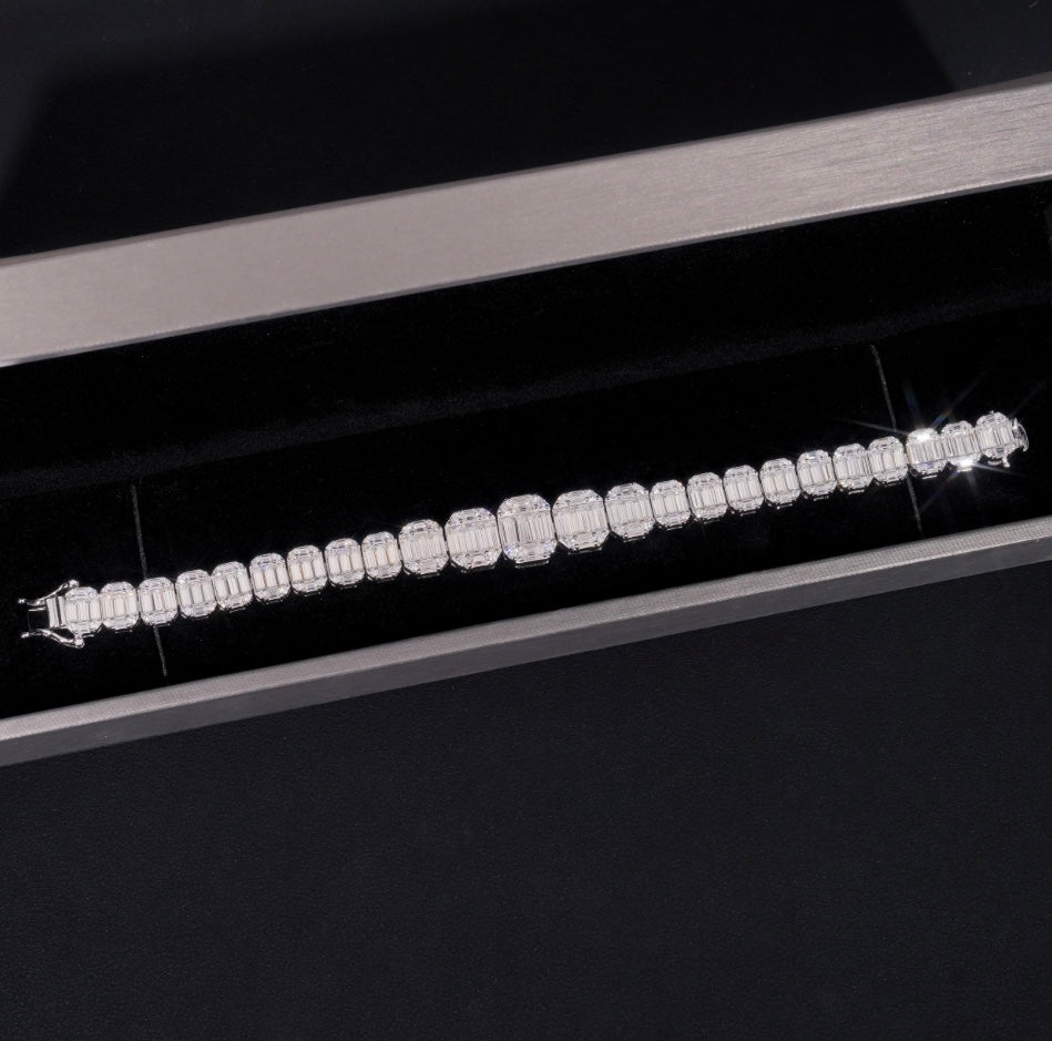 Custom 8mm Emerald Cut Moissanite Bracelet - 18K White Gold over 925 Silver