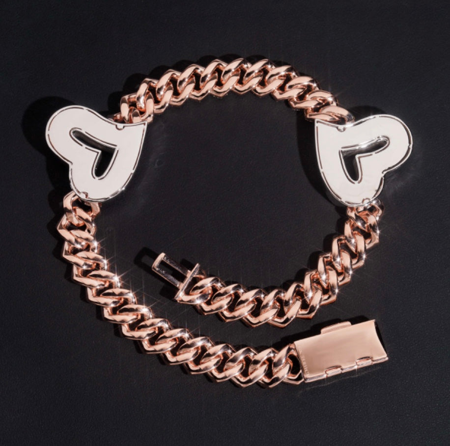 Rose Gold Heart 925 Silver Cuban Chain 15mm