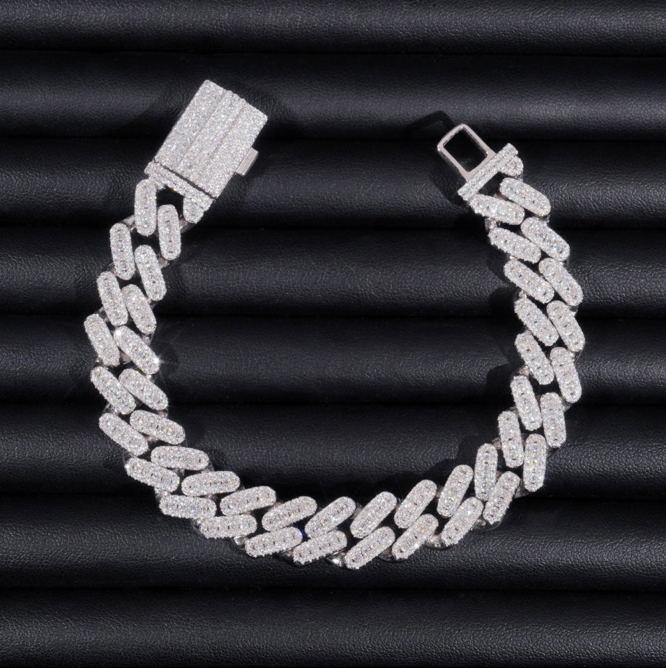 12mm Moissanite Cuban Bracelet - 18K White Gold Over 925 Silver