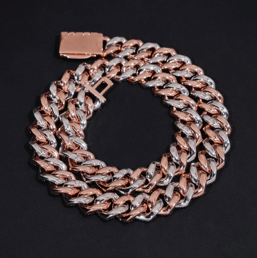 18mm Two-Tone Cuban Chain - Rose & White Gold Moissanite
