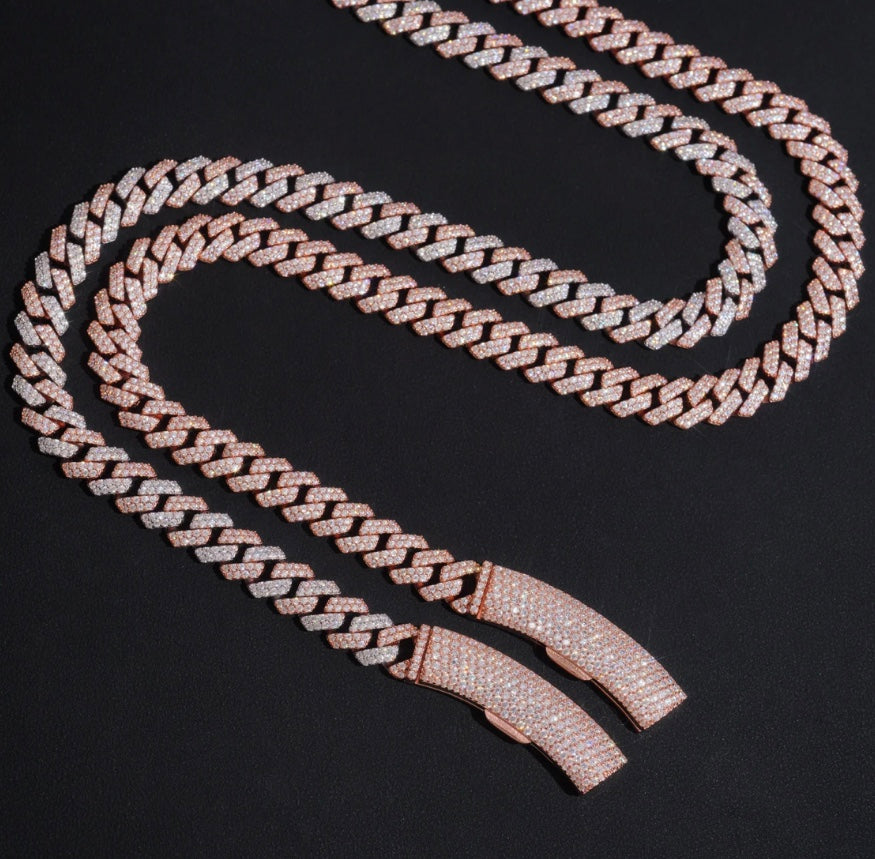 12mm Two-Tone Cuban Chain - Rose Gold & White Moissanite