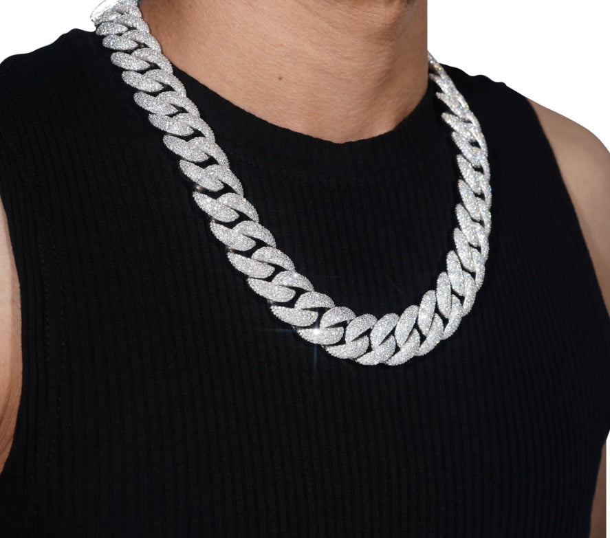 20mm Moissanite Cuban Chain with 18K White Gold Over 925 Silver
