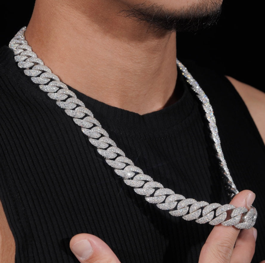 18mm Moissanite Cuban Chain with White Gold Over 925 Silver