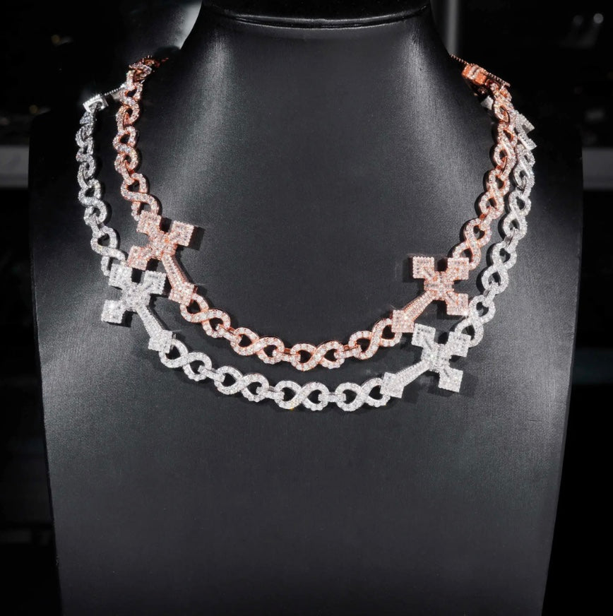 Custom Cross Infinity Link Chain - Rose Gold 925 Silver Moissanite