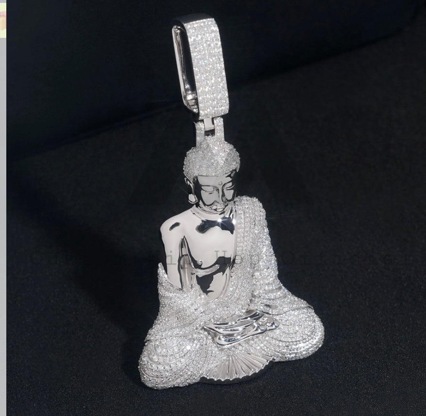 12mm Moissanite Cuban Chain and Buddha Pendant with 18K White Gold Over 925 Silver