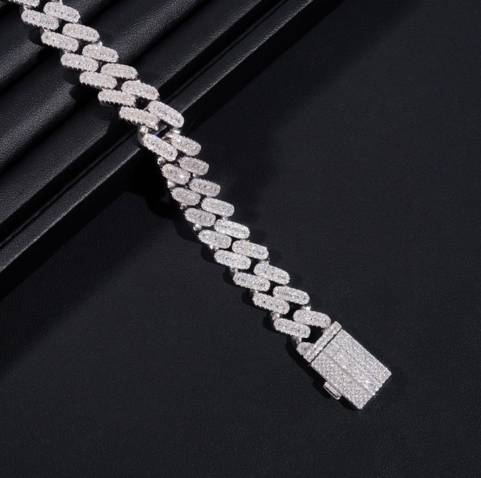 12mm Moissanite Cuban Bracelet - 18K White Gold Over 925 Silver