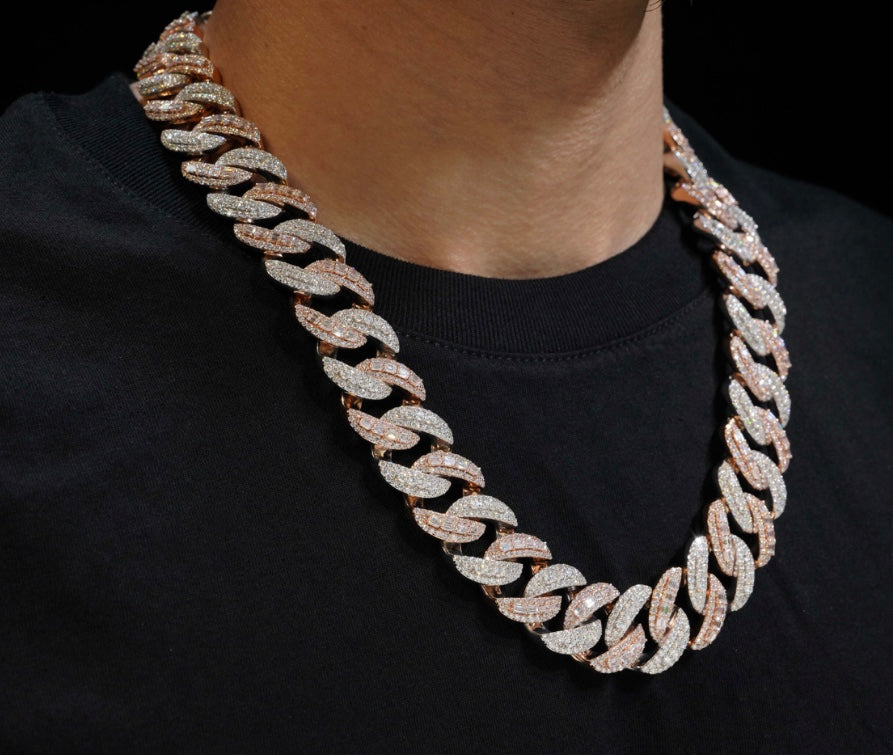 22mm Two-Tone Cuban Chain - Rose & White Gold 925 Silver Moissanite