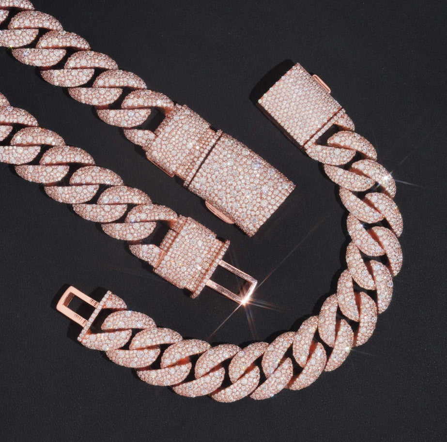 22mm Moissanite Cuban Chain with 18K Rose Gold Over 925 Silver