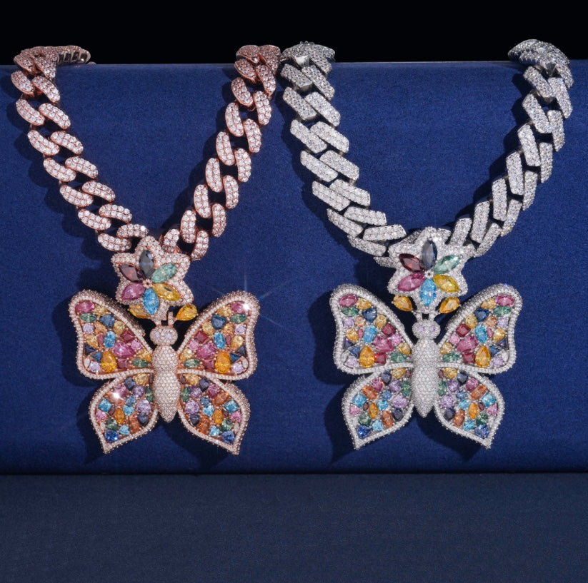 Custom Butterfly Pendant Multi Colored Moissanite 18K Rose or White Gold Over 925 Silver