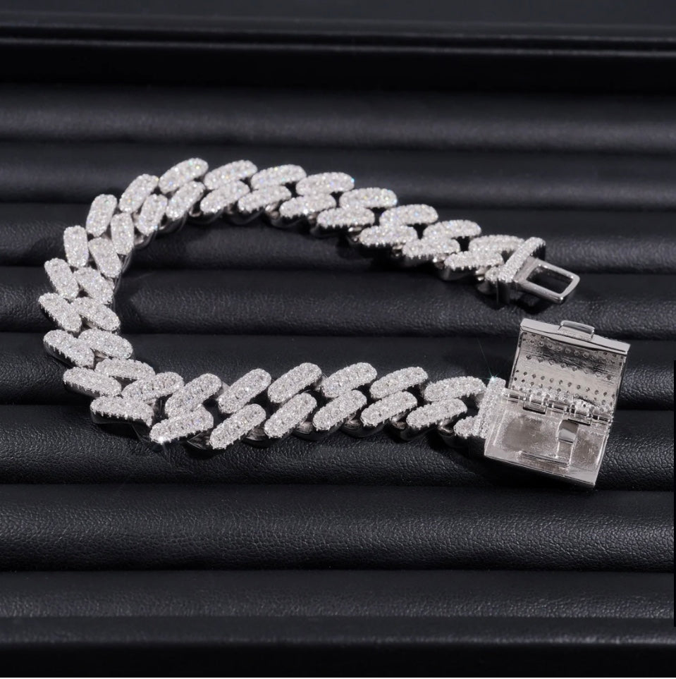 12mm Moissanite Cuban Bracelet - 18K White Gold Over 925 Silver